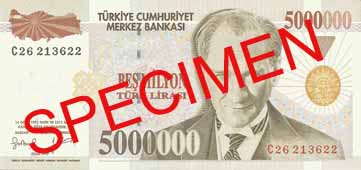 FIVE MILLION TURKISH LIRA FRONT FACE