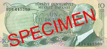 TEN TURKISH LIRA FRONT FACE