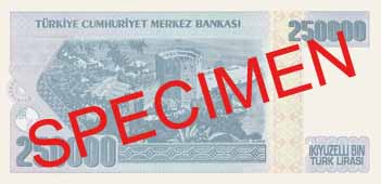 TWO HUNDRED AND FIFTY THOUSAND TURKISH LIRA BACK FACE