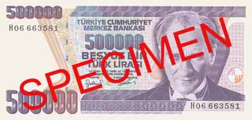 FIVE HUNDRED THOUSAND TURKISH LIRA FRONT FACE