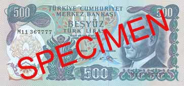 FIVE HUNDRED TURKISH LIRA FRONT FACE