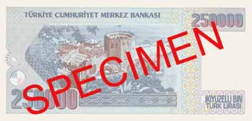 TWO HUNDRED AND FIFTY THOUSAND TURKISH LIRA BACK FACE