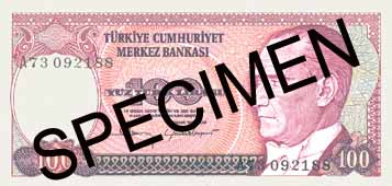 ONE HUNDRED TURKISH LIRA FRONT FACE